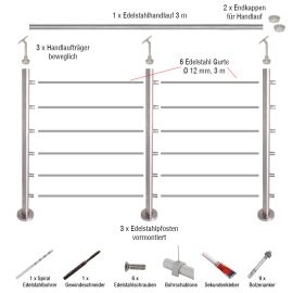 Edelstahl Gurtgeländer Set - Länge: 3 m, aufgesetzte Montage 