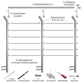 Edelstahl Gurtgeländer Set mit Übersteigschutz - Länge: 3 m, seitliche Montage 