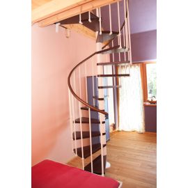 Spindeltreppe Innamincka - Holzart: Buche dunkel, Durchmesser: 118 cm, Metallfarbe: weiß, Abverkauf  